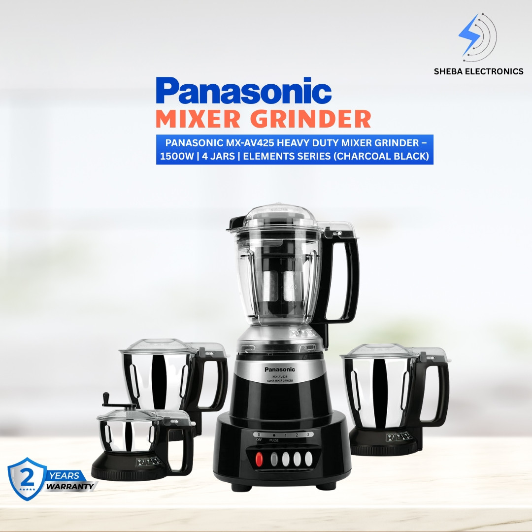 Panasonic MX-AV425 Heavy Duty Mixer Grinder – 1500W | 4 Jars | Elements Series (Charcoal Black)