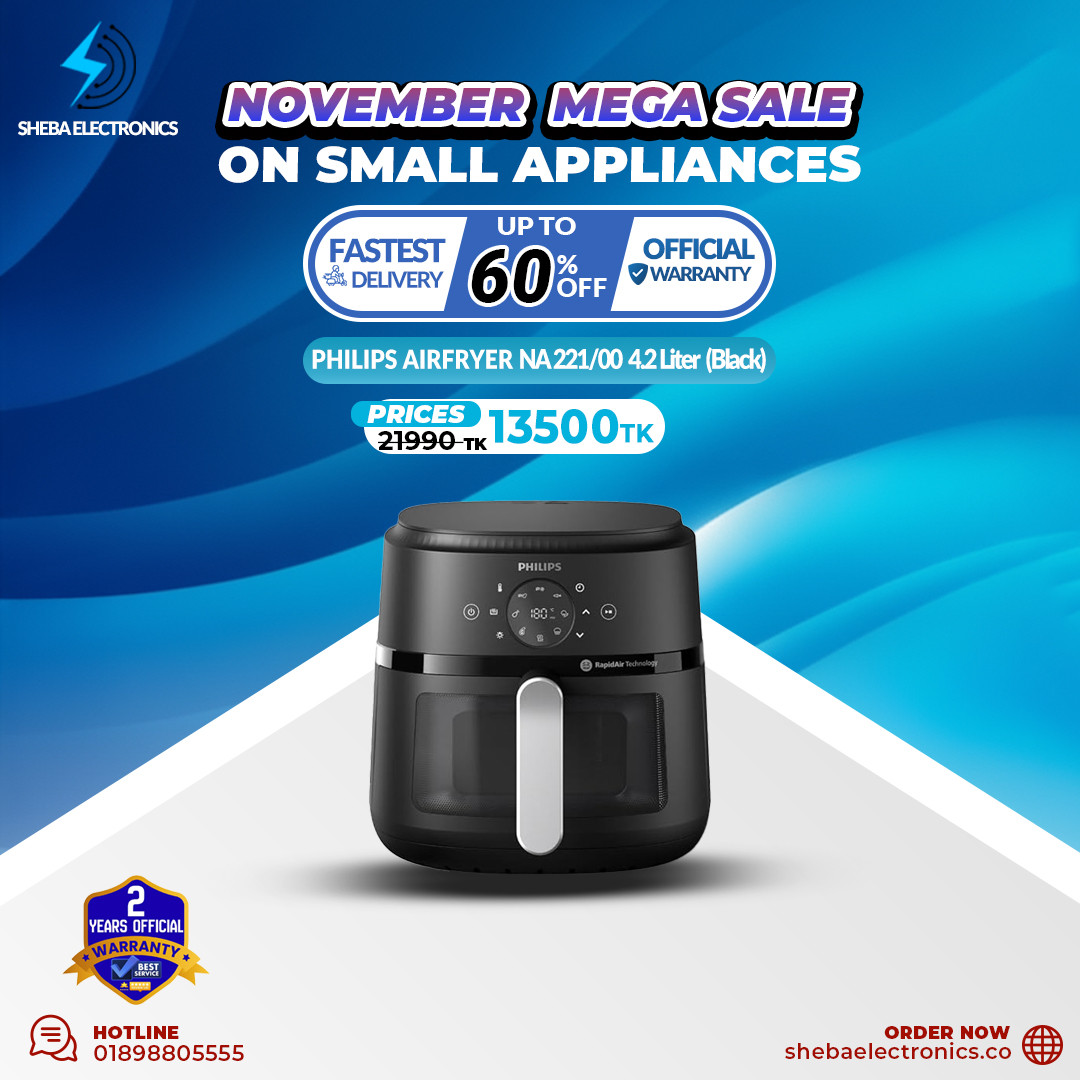 PHILIPS Air Fryer NA221/00 with touch panel, 1700W, 4.2 Liter, with Rapid Air Technology (Black),Cooking window, Extra Large.