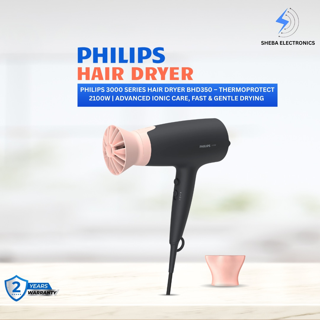 Philips 3000 Series Hair Dryer BHD350 – ThermoProtect 2100W | Advanced Ionic Care, Fast & Gentle Drying