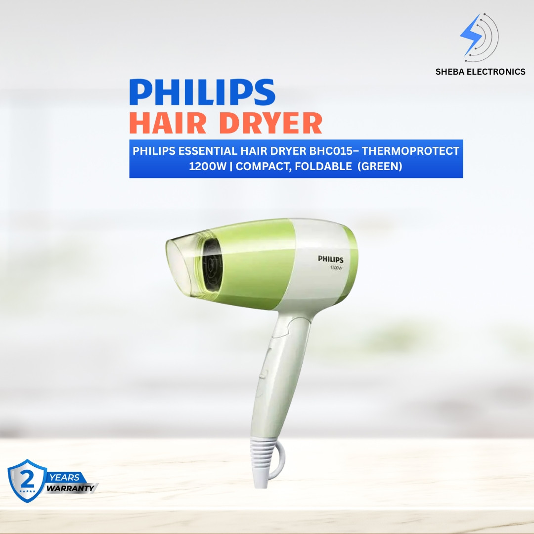 Philips Essential Hair Dryer BHC015– ThermoProtect 1200W | Compact, Foldable & Gentle Drying (Green)